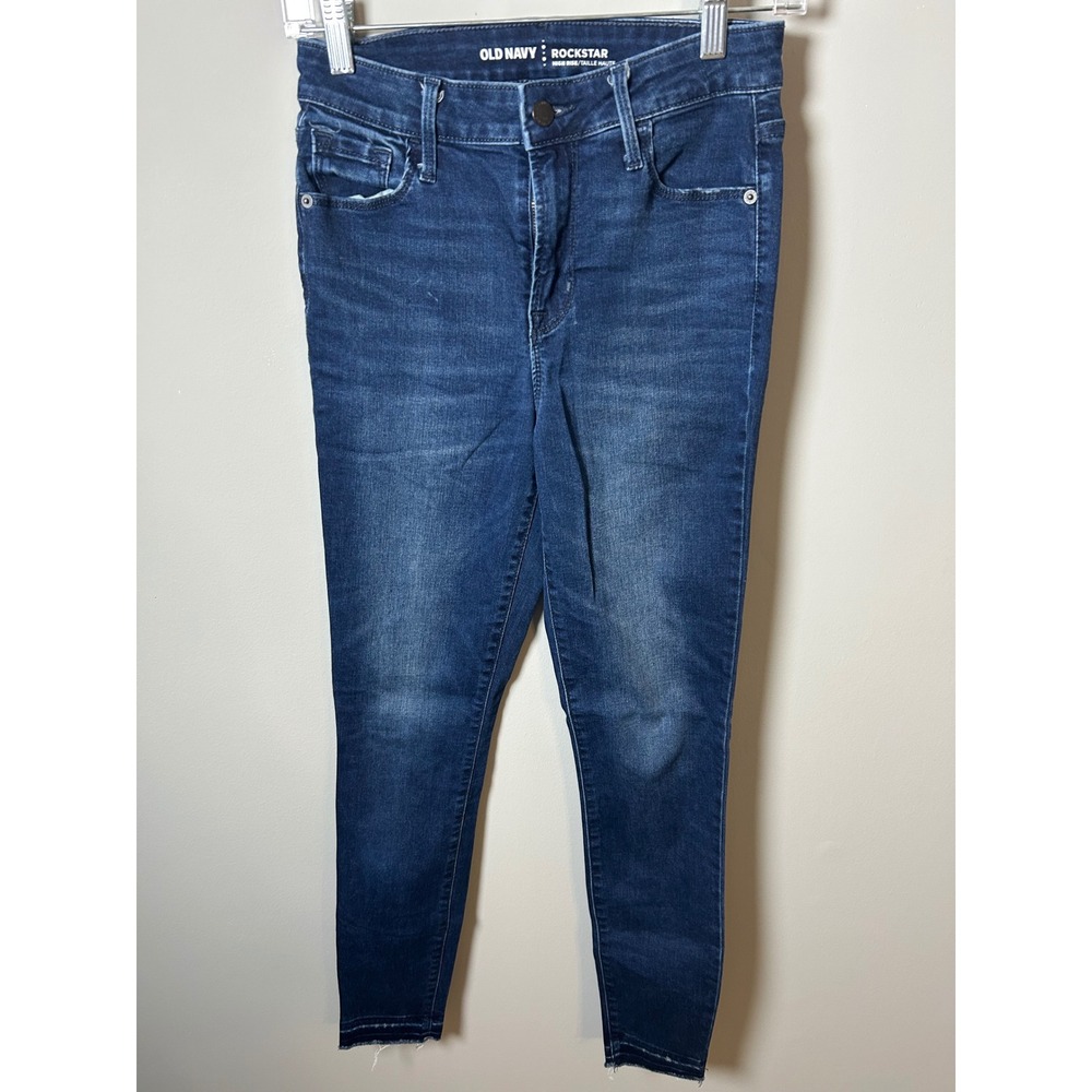 Old Navy Rockstar High Rise Skinny Jeans Dark Wash Raw Hem 2 Tall